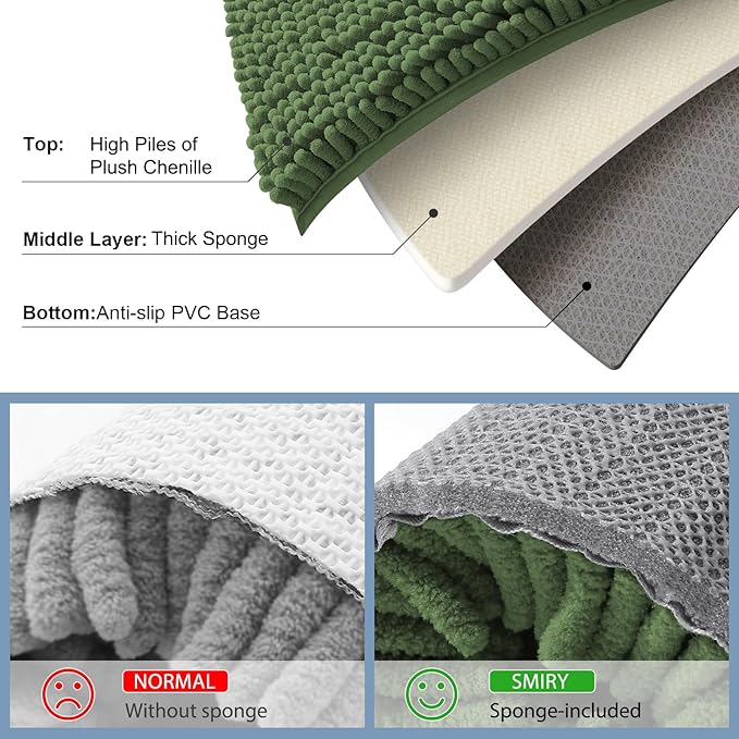 Smiry Luxury Chenille Bathroom Rugs 24x16, Extra Soft and Absorbent Shaggy Bath Mat, Machine Washable, Non-Slip Plush Carpet Runner for Tub, Shower, and Floor, Home Decor Accessories, Olive Green