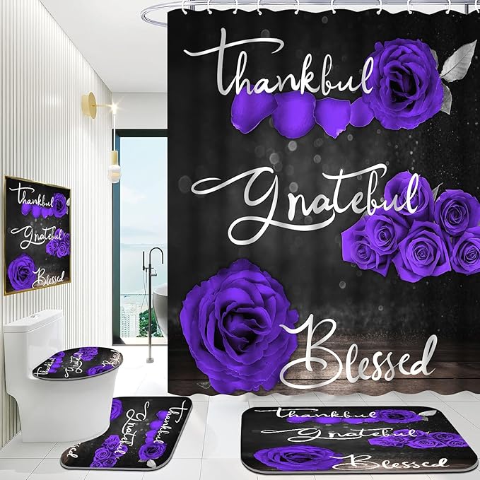 Onalasyc 4Pcs Purple Rose Shower Curtain Set with Rugs Waterproof Bathroom Sets with Shower Curtain and Rugs Romantic Rose Floral, Thankful Grateful Blessed Bathroom Curtains Shower Set,with 12 Hooks
