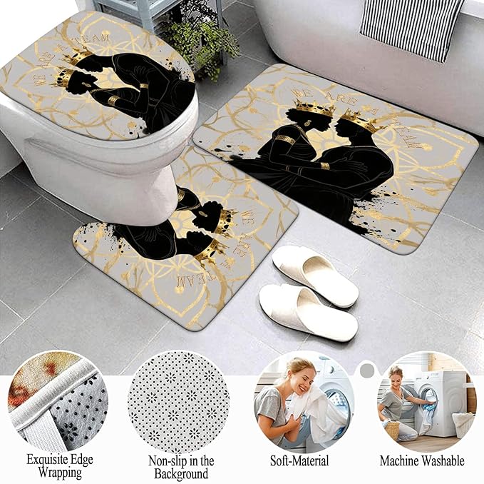 4 PCS Boho Black King Queen Shower Curtain Set with Waterproof Shower Curtain, Non-Slip Bath Mat, Rug, Toilet Lid Cover, Romantic Afrcian American Black Man Woman Halloween Bathroom Decor Set