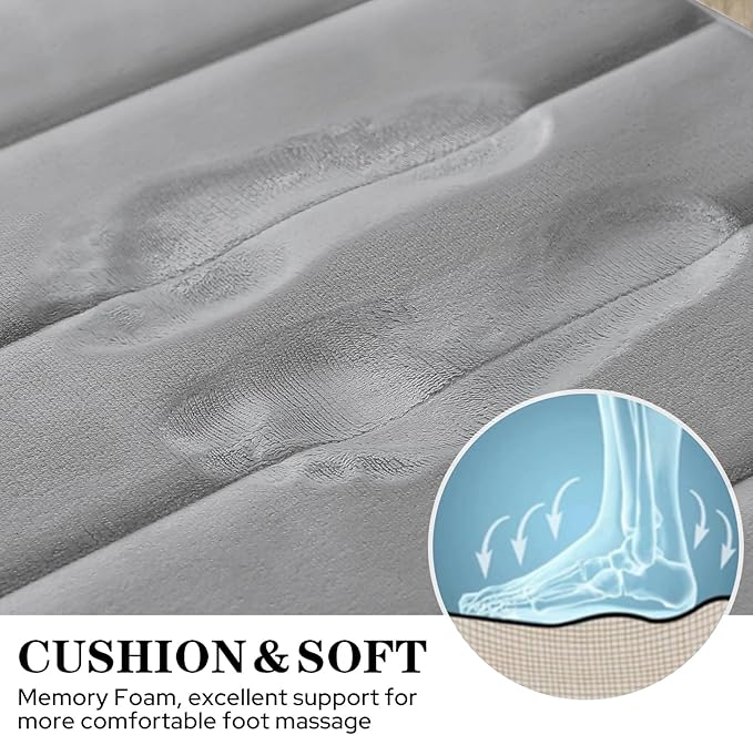 BYSURE Grey Memory Foam Bathroom Rug Set 3 Piece, Non Slip Extra Soft Absorbent Bath Mats, Machine Washable & Dry Toilet Mat Sets for Bathroom Floor