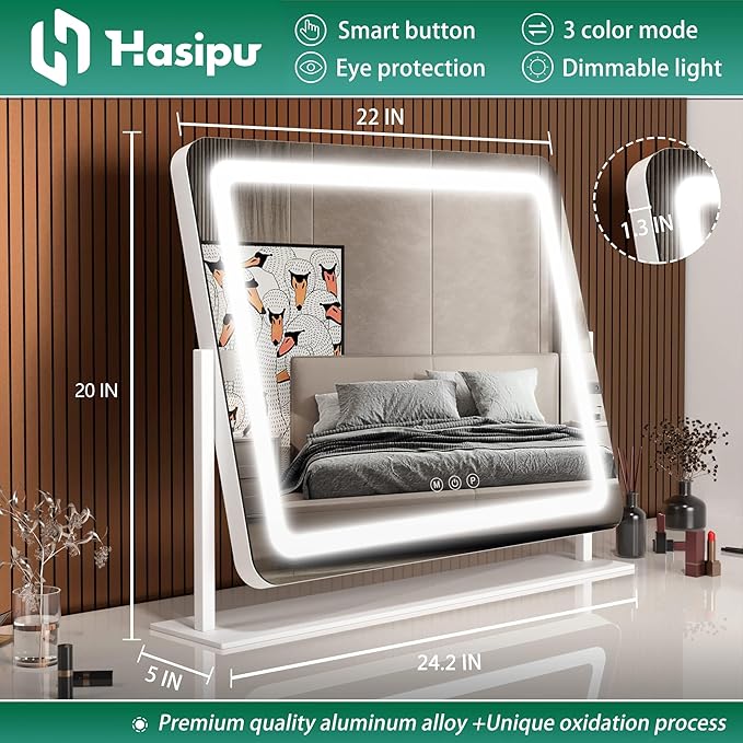Hasipu Vanity Mirror with Lights, 24.2" x 20" LED Make up Mirror, Light up Mirror with 10X Magnification, Smart Touch 3 Colors Dimmable, Brightness Adjustment, 360° Rotation (White)