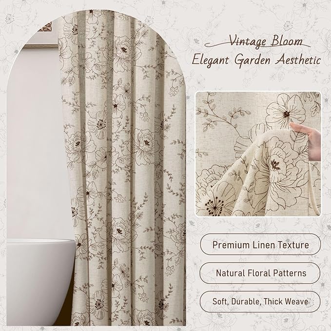 Farmhouse Floral Linen Shower Curtain, Vintage Brown Embroidered Pattern Rustic Shower Curtains for Bathroom, Tan Taupe,72x72