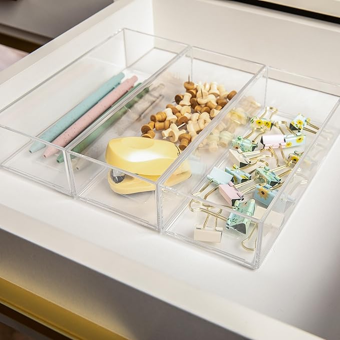 Martha Stewart Brody Desktop Storage Organizer, Stack and Slide Plastic Organizer Tray, Organizer for Office, Kitchen, or Vanity, 3" x 7.5", Clear