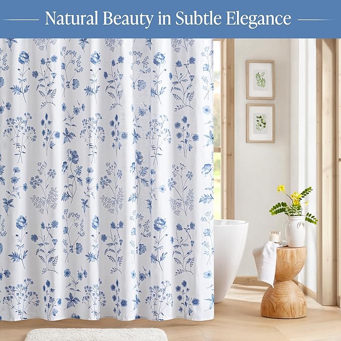 Martha Stewart Martha's Garden Shower Curtain Botanical Floral Print Cotton Shower Curtain for Bathroom, Spa Quality Modern Shower Curtains Standard Size, 72x84 Blue