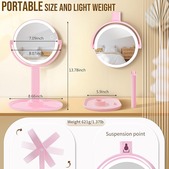 vpu Vanity Makeup Mirror with Lights, 10X/1X Double Sided Magnifying Light up Desk Mirror with Stand Cosmetic Organizer, 3 Color Brightness Adjustable 360° Rotation Detachable for Travel