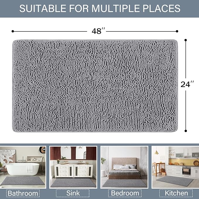 LOCHAS Luxury Bathroom Rug Shaggy Bath Mat 24 x 48 Inch, Washable Non Slip Bath Rugs for Bathroom Shower, Soft Plush Chenille Absorbent Carpets Mats, Gray