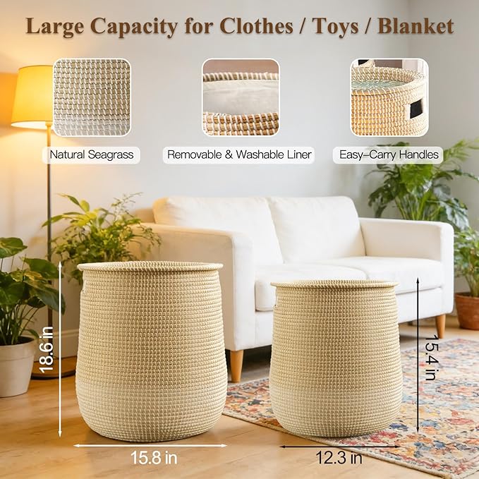 Laundry Hamper Basket with Lid - 2 Pack Natural Seagrass Handmade Storage Hamper, Removable Washable Liner, Storage Basket for Clothes Toys, Decorative Organizer for Bedroom, Bathroom, Living Room