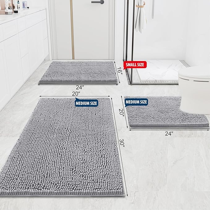 Smiry Luxury Chenille Bathroom Rugs 48x32, Extra Soft and Absorbent Shaggy Bath Mat, Machine Washable, Non-Slip Plush Carpet Runner for Tub, Shower, and Floor, Home Decor Accessories, Light Grey