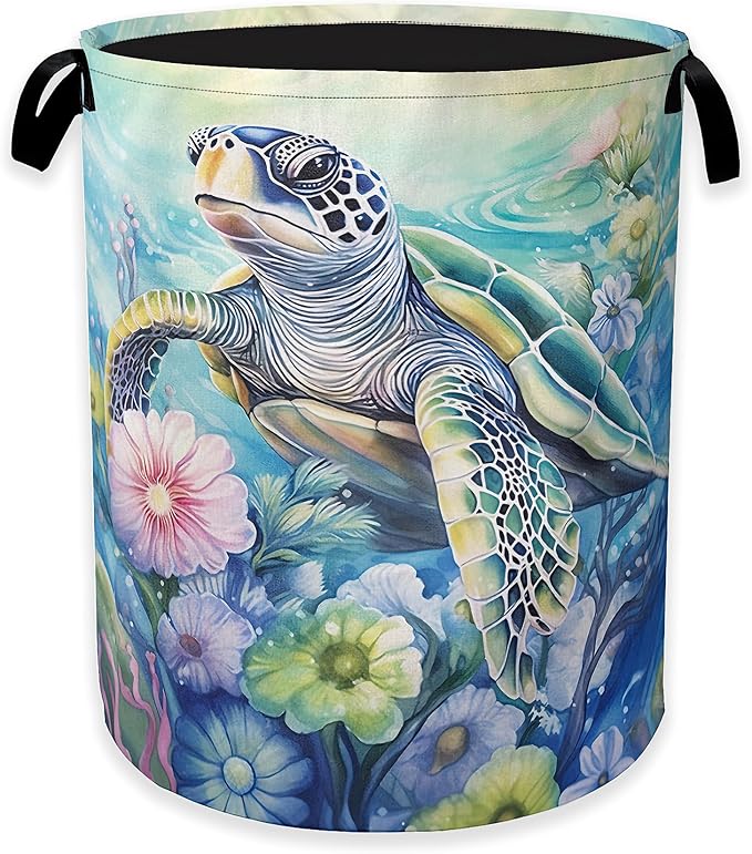 Sea Turtle Laundry Hamper,Ocean Flower Coral Clothes Hamper for Laundry,Waterproof Oxford Toy Storage Collapsible Hampers for Bedroom, Dorm Room,Bathroom,16x20 Inch