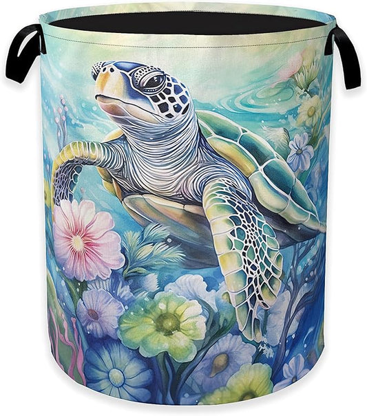 Sea Turtle Laundry Hamper,Ocean Flower Coral Clothes Hamper for Laundry,Waterproof Oxford Toy Storage Collapsible Hampers for Bedroom, Dorm Room,Bathroom,16x20 Inch