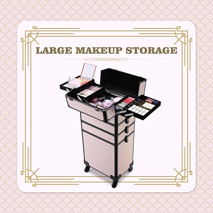 BYOOTIQUE 4in1 Rolling Makeup Case Cosmetology Case on Wheels,Large Capacity Easy Access Cosmetic Organizer Travel Case for Makeup Artist Hairstylist,Art Deco Tyrian