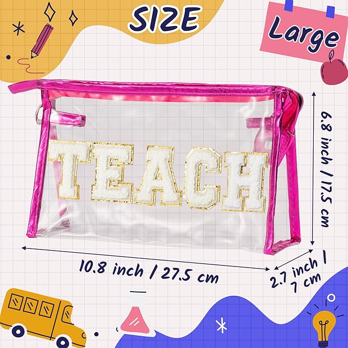 CY2SIDE TEACH Clear Makeup Bag - White TEACH Letter Patch Cosmetic Bag with Handle for Travel PVC Zipper Clear Toiletries Waterproof Portable Travel Organizer Teacher Appreciation Gifts, Rose