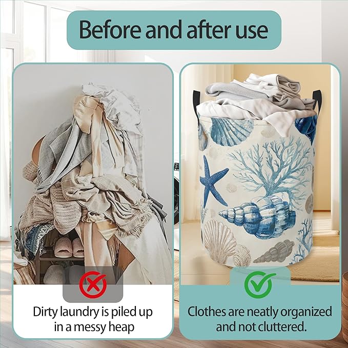 Laundry Basket With Handle, Dirty Clothes Laundry Hamper, Oxford Cloth Bin Storage Organizer for Toy Collection (Starfish Shells Summer)