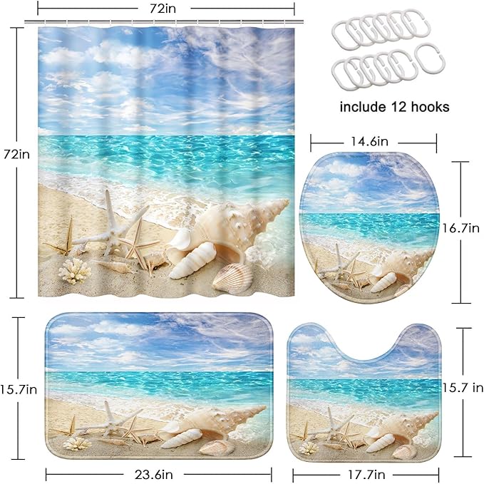 Britimes 4 Piece Shower Curtain Sets, with 12 Hooks, Ocean Starfish Seashells with Non-Slip Rugs, Toilet Lid Cover and Bath Mat for Bathroom Decor Set, 72" x 72"