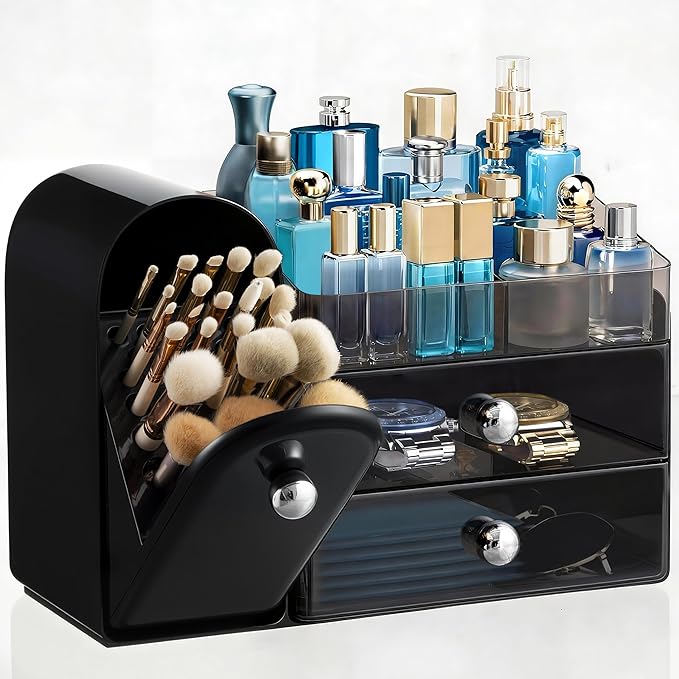 HBlife Makeup Organizer Countertop with Drawers, Vanity Organizers with Brush Holder, Bathroom Counter Organizer for Perfume, Nail Polishes, Lipsticks, Skincare and Eyeshadow Palettes