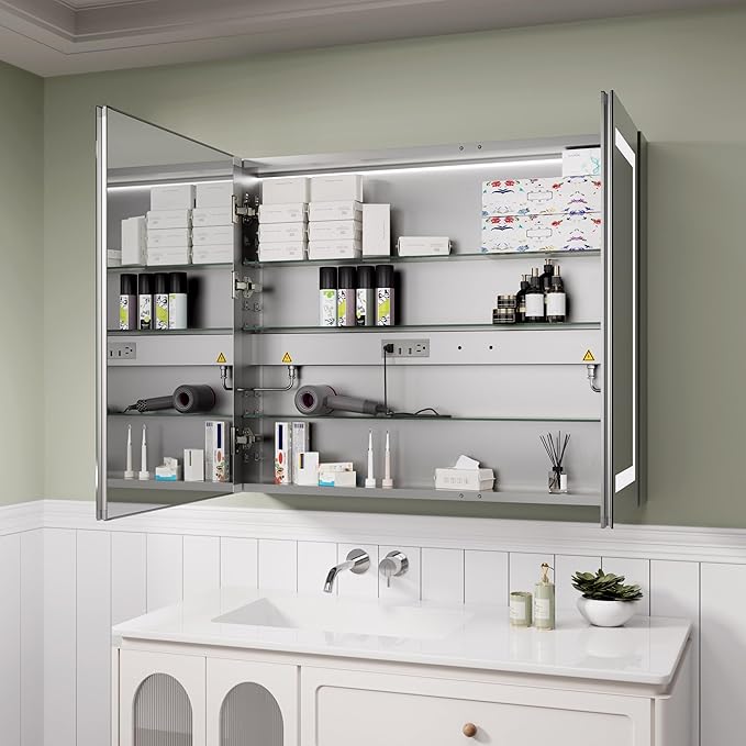 LED Medicine Cabinet Mirror with Lights, 36 x 30 Inch Bathroom Storage, Recessed/Wall Mount, Plug-in/Hardwired, 3 Color Dimmable Light, Anti-Fog, Time Temp Display