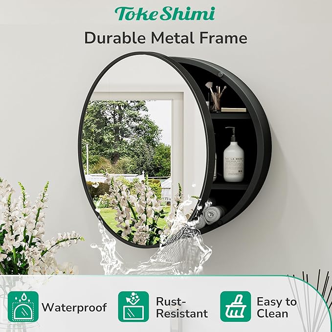 TokeShimi 24 x 24 Round Medicine Cabinet with Mirror, Black Medicine Cabinet, Circle Bathroom Mirror with Storage, Shatterproof with Metal Frame, Detachable Shelves, Wall Mounted Only