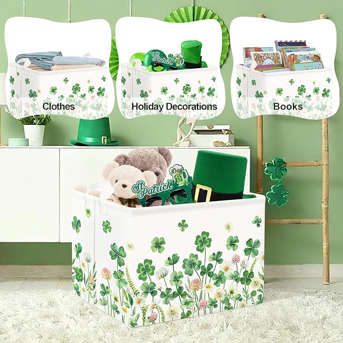 Clastyle Floral Saint Patrick's Day Storage Basket Shamrock Clover Clothes Book Toy Shelf Basket Kid Room Decor Gift Storage Bin Organizer,Four Leaf Clover,40x30x30 cm