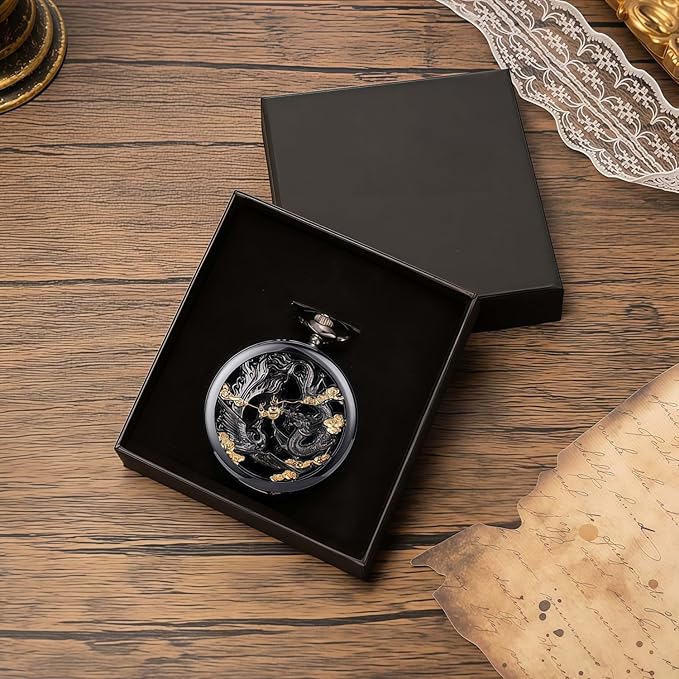 ManChDa Scrying Mirror Black Obsidian Mirror Lucky Dragon & Phoenix Pocket Watch Shell Witchcraft Kit Wiccan Supplies and Tools Witchy Gifts, Black Gold