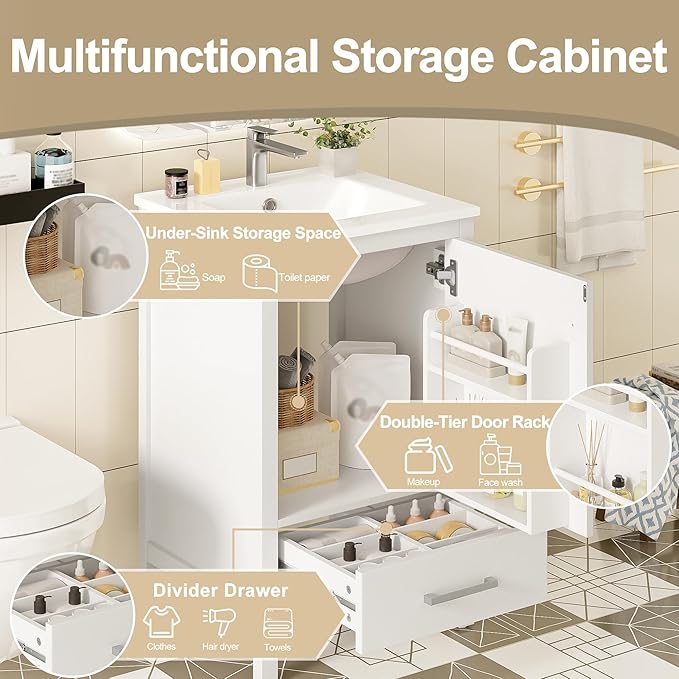Virubi 20" Small Bathroom Vanity with Sink, Soft-Close Drawer and Door, Wood Modern Single Bathroom Sink Cabinet with Doors and Shelves, Adjustable Foot Pads, for Small Space (White)