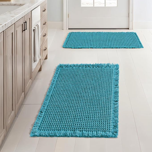 MIULEE Set of 2 Waffle Bathroom Rugs, Boho Bath Rugs Non Slip Washable, Super Absorbent Bath Mats, Ultra Soft Rubber Backed Shower Mats for Bathroom Floor, Tub and Shower, Teal, 17x24 Inch