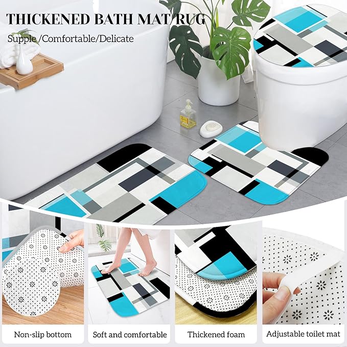 Lnond Blue Bathroom Set, 23-Piece Blue Black Geometric Bathroom Decor Set with with Shower Curtain and Rugs, Trash Can, Toilet Brush Holder Set & Soap Dispenser