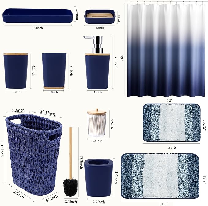 XLHOMO Navy Blue Bathroom Accessories Set with Wicker Trash Can Shower Curtain and Rugs,Bathroom Sets Small Waste Basket Bathroom Trash Can for Bedroom Bathroom