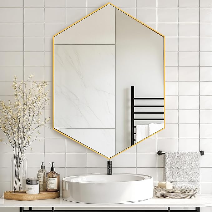 SogesHome Bathroom Medicine Cabinet with Mirror, Hexagon Mirror with 3-Tier Cabinet, Stainless Steel Frame and 2 Shelves for Bathroom, Bedroom, Entryway, Gold