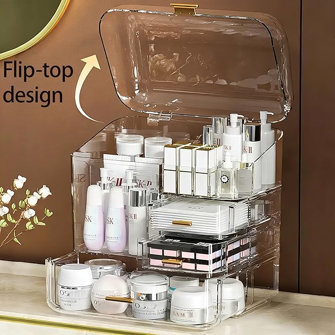 Luxury Makeup Organizer with 3 Drawers & Dustproof Flip Lid, Large Capacity Cosmetic Display Case for Vanity, Clear Countertop Skincare Storage with 6 Lipstick Slots