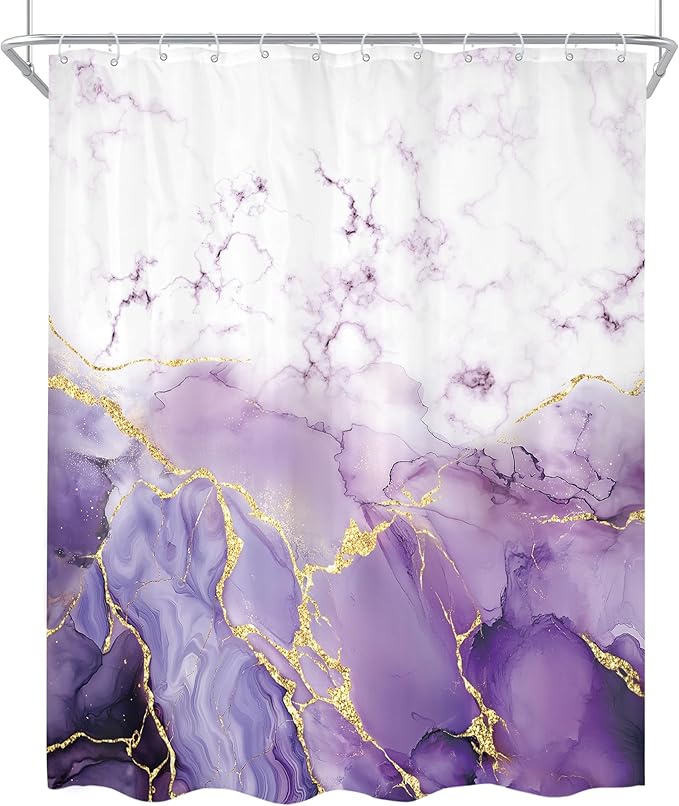 Cinbloo Purple Marble 60Wx72H Shower Curtain Abstract Lilac Gold Cracked Lines Modern Ombre Minimalist Simple Contemporary Luxury Bathroom Curtain Set Aesthetic Bath Bathroom Accessories Decor