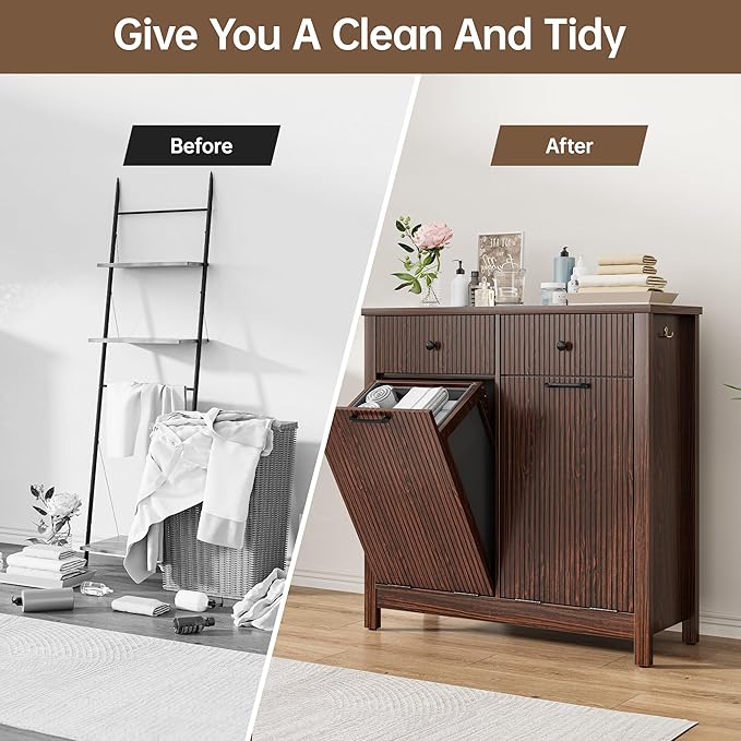 Airynee Double Tilt-Out Laundry Hamper Cabinet with 2 Drawers, 20 Gallon Fluted Trash Can Cabinet with Laundry Basket, Hidden Wood Garbage Can Bin Cabinets for Bathroom & Kitchen, Brown