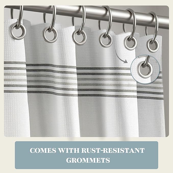 LANE LINEN Premium Waterproof Shower Curtain - 72 x 72 inches - All in 1 Linerless Waffle Striped Fabric with Laminated Layer - Spa Style Exterior, Machine Washable - Header with Metal Grommets - Gray