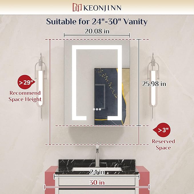 Keonjinn 20 x 26 Inch Lighted Medicine Cabinet with Mirror Surface Mount or Recessed, 3 Color Dimmable Frontlit Medicine Cabinet with Lights, Tempered Glass UL Listed LED 2-Side Mirror with Storage