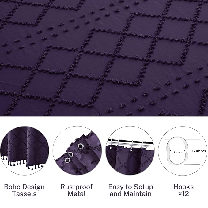 78inch Long Dark Purple Shower Curtain Boho Shower Curtain Woven Fabric Tufted Chevron Textured Striped Modern Farmhouse Minimalist Cloth Shower Curtains for Bathroom, 72" x 78"