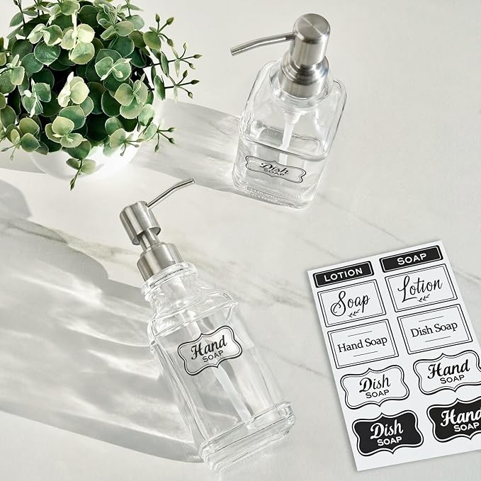 JASAI 2Pack Antique Design Glass Soap Dispenser with Rust Proof 304 Stainless Steel Pump, Refillable Hand Soap Dispenser with 10Pcs Stickers, Premium Soap Dispensers for Kitchen & Bathroom (Clear)