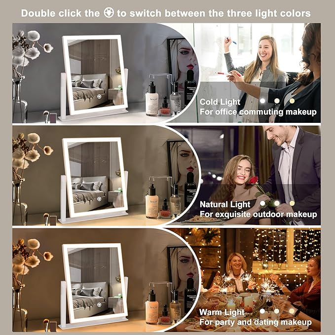 Lighted Makeup Mirror, Hollywood Vanity Mirror with Lights, Three Color Lighting Modes, Smart Touch Control, Rotation, Desk Makeup Mirror for Desks Bedroom Dorm Dressing Room (9.48"x11.81")