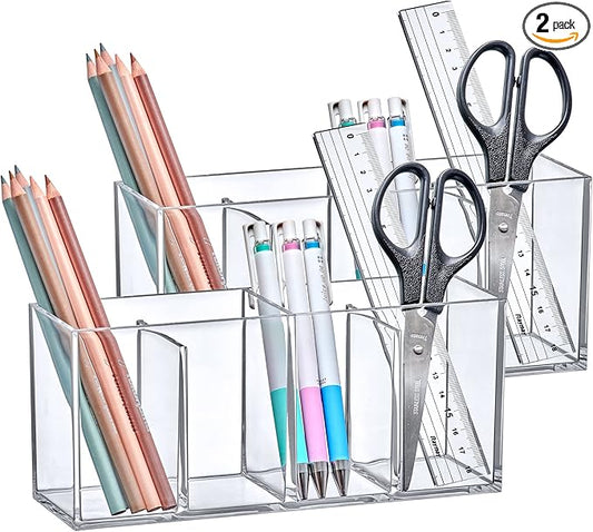 Amazing Abby - Glamour - 2-Pack Acrylic 4-Compartment Makeup Organizer, Transparent Plastic Makeup Brush Holder, Perfect Bathroom Vanity Storage Solution for Makeup Brushes, Eyebrow Pencils, and More