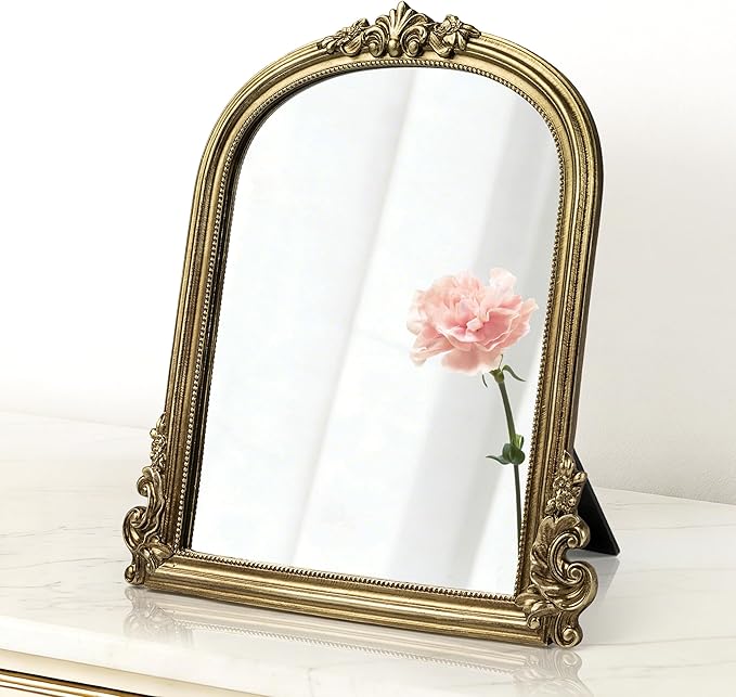 AELS 11.7"x10.8" Antique Gold Makeup Mirror, Vintage Arendahl Tabletop Vanity Mirror with Stand, Small Arched Mirror Wall Decor for Living Room Bedroom, Ornate Baroque Mirrors Luxury Home Decor