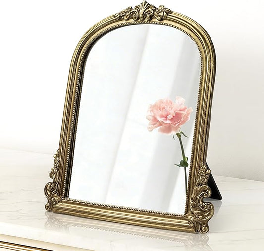 AELS 11.7"x10.8" Antique Gold Makeup Mirror, Vintage Arendahl Tabletop Vanity Mirror with Stand, Small Arched Mirror Wall Decor for Living Room Bedroom, Ornate Baroque Mirrors Luxury Home Decor