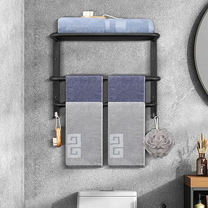 NearMoon Bathroom Towel Rack, 3-Tier Towel Holder with Hooks, SUS304 Stainless Steel Towel Hanger, Wall Mounted Towel Shelf Storage, Bathroom Accessories (22 Inch, Matte Black)