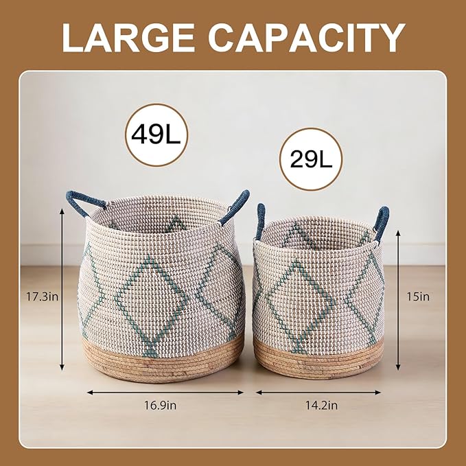 Laundry Hamper 4pcs with Handles, Natural Seagrass Woven Laundry Hamper Baskets for Home Organization - Bedroom, Bathroom, Laundry Room - Stackable for Clothes, Toys, Blankets 49L &29L & 10.7L & 7.6L
