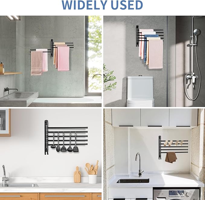 Swivel Towel Rack, 12.6 Inch Towel Bar with Wall Mounted 180° Rotation, 5 Arms Towel Hanger SUS 304 Stainless Steel, Space Saving for Kitchen, Bathroom, Outdoor, Matte Black