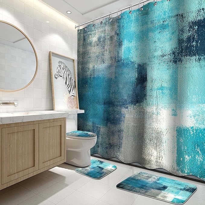 Lnond 4Pcs Bathroom Shower Curtain Sets with Rugs,Turquoise Abstract Painting Bathroom Sets with Shower Curtain and Rugs and Accessories