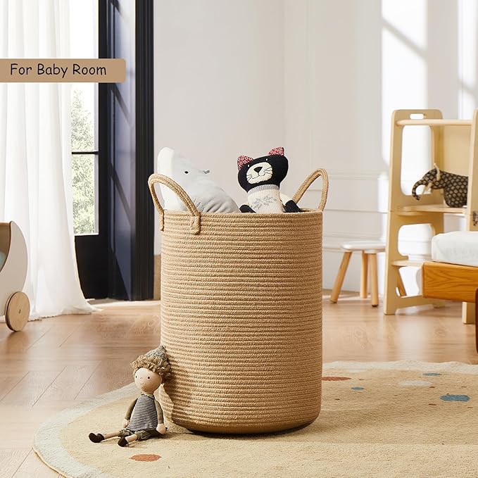 15Dx20H inches Jute Woven Hamper Laundry Basket Wicker Rope Clothes Hamper for Baby Nursery Kids Tall Rattan Blanket Basket in Living Room Bedroom 62L Large Capacity