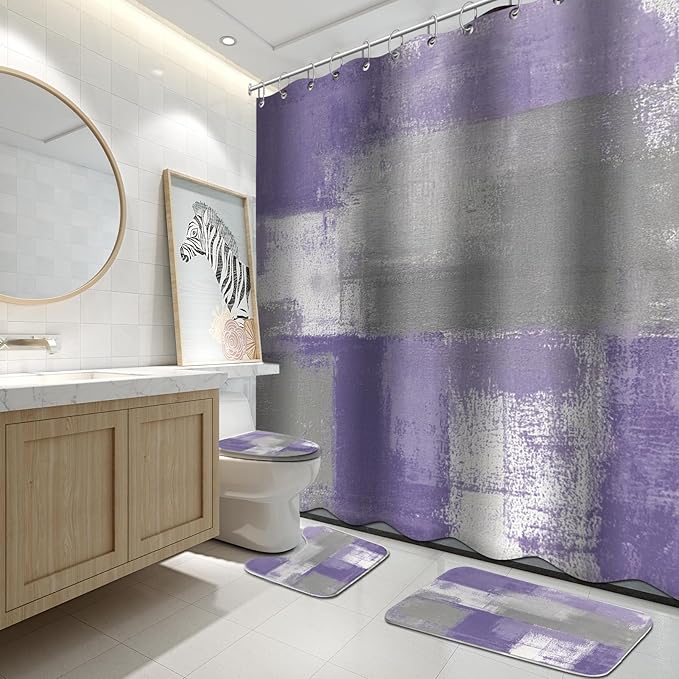 Lnond 4Pcs Purple Bathroom Shower Curtain Sets with Rugs, Purple and Grey Painting Art Bathroom Sets with Shower Curtain and Rugs and Accessories