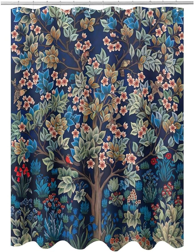 William Morris Floral Shower Curtain,Watercolor Vintage Flower Art Style Shower Curtain Set 66"×72" Inch
