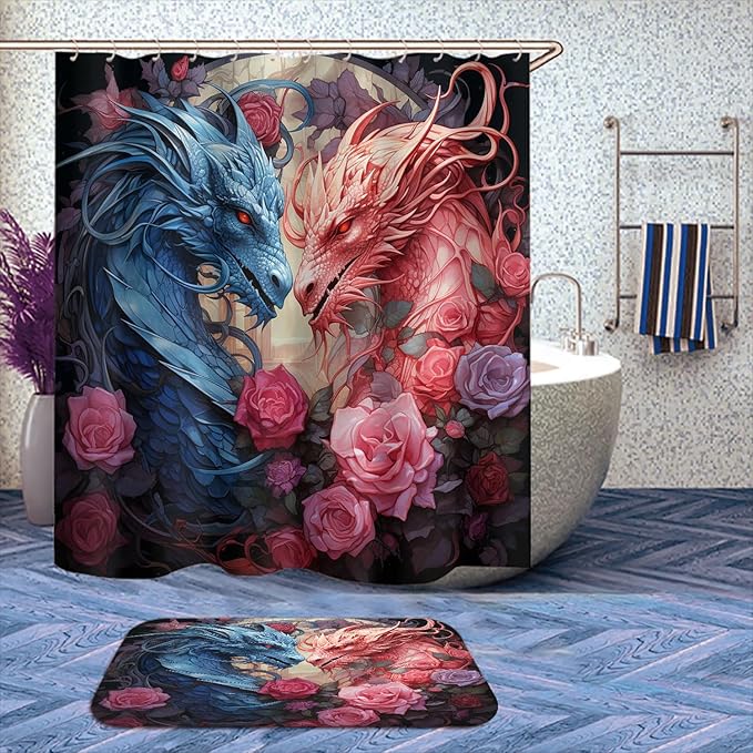 4 Pcs Dragon Bathroom Shower Curtain Set with Rugs,Toilet Lid Cover, Bath Mat, Fantasy Magical Pink Dragon Red Rose Shower Curtain with 12 Hooks, Durable Bathroom Decor Set