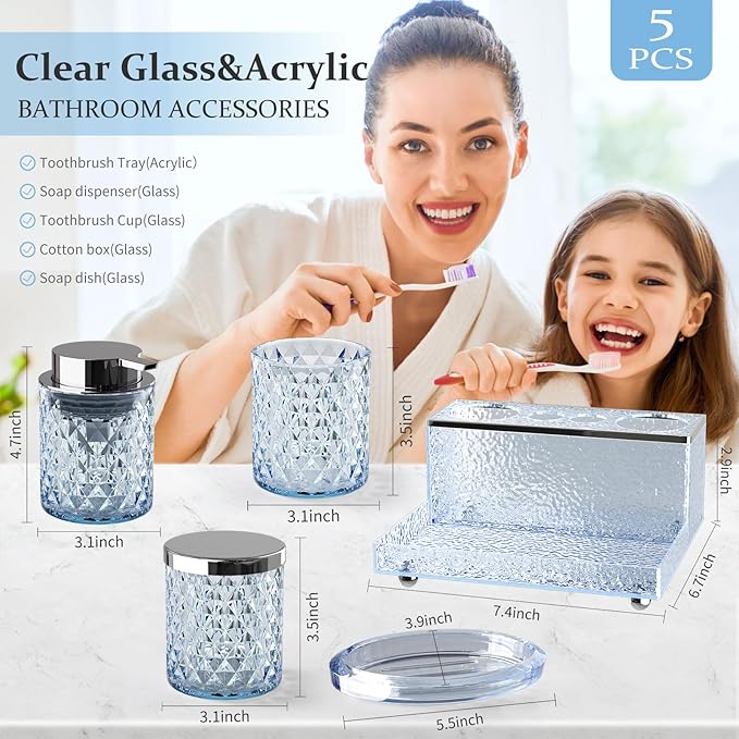 Glass Bathroom Accessories Set 5Pcs Crystal - Blue Foaming Soap Dispenser, Soap Dish, Cup, Acrylic Toothbrush Holder with Tray Organizer, Cotton Swab Jar, Bathroom Counter Set Sink Decor