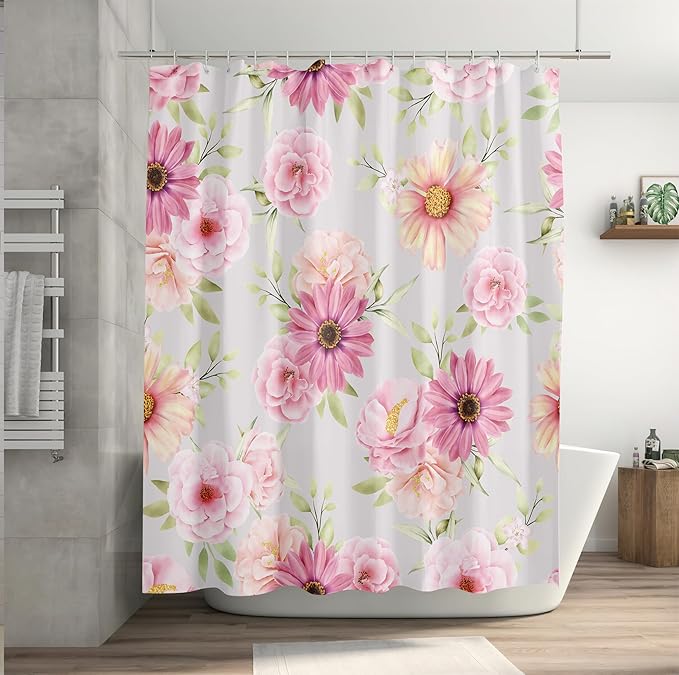 Pink Daisy Peony Flower Shower Curtains, Watercolor Floral Green Leaves Waterproof Fabric Botanical Bathroom Shower Curtain, 72 x 72 Inch