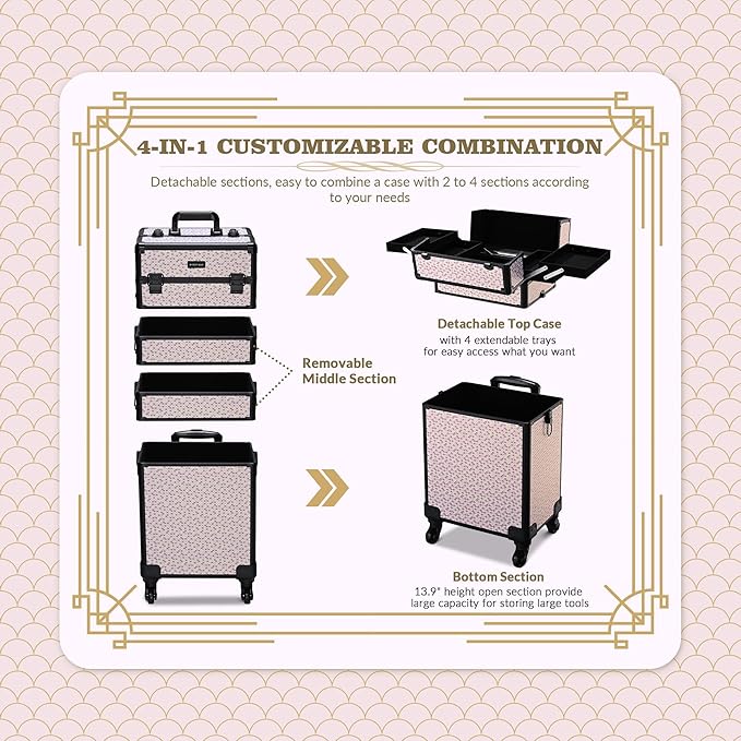 BYOOTIQUE Makeup Train Case Trolley w/Cube Case Cosmetic Organizer Art Deco Tyrian